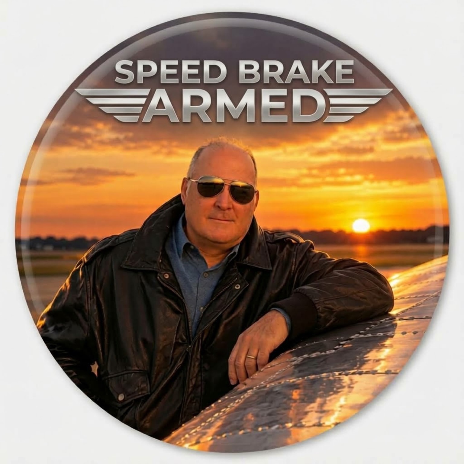 Peter M. Buffington accanto a un aereo al tramonto, sotto Speed Brake Armed nome